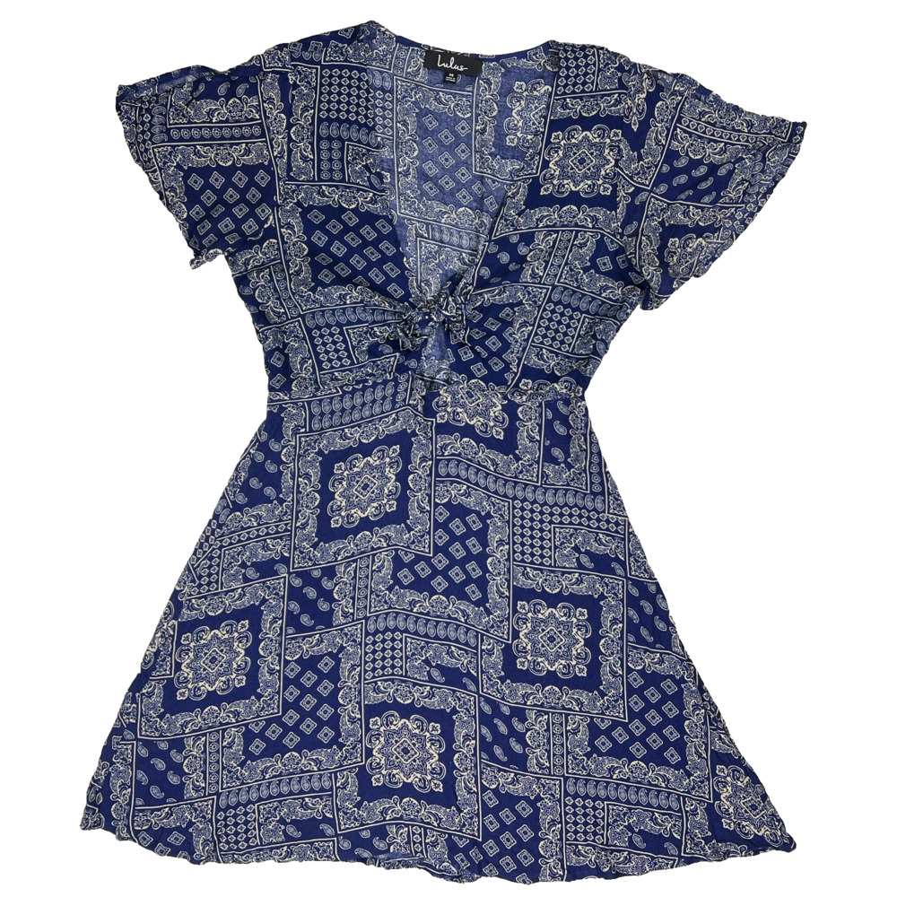 Lulus Womens Mini Dress Size M Navy Open Tie Front Split Sleeve Flowy Skater